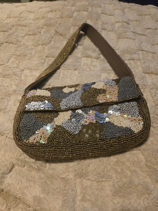 Beaded Sequin Shoulder Bag in Gold and Gray