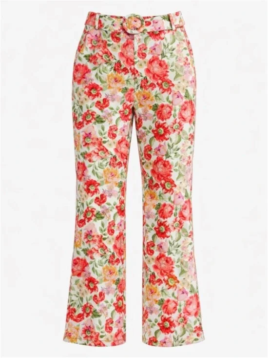 Mango linen cotton floral straight leg pant Size 4 belted Cottagecore Feminine