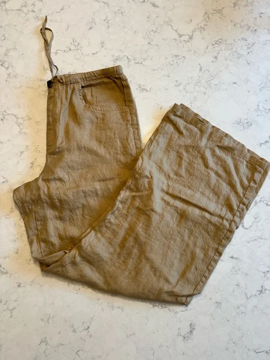 Banana Republic The Studio Wide Leg Drawstring Pant in Linen - Faded Khaki