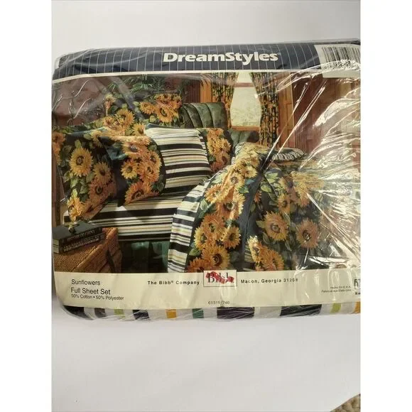 DreamStyles BY BIBB 4-Piece Full Sheet Set Striped ,Sunflowers NEW Vintage