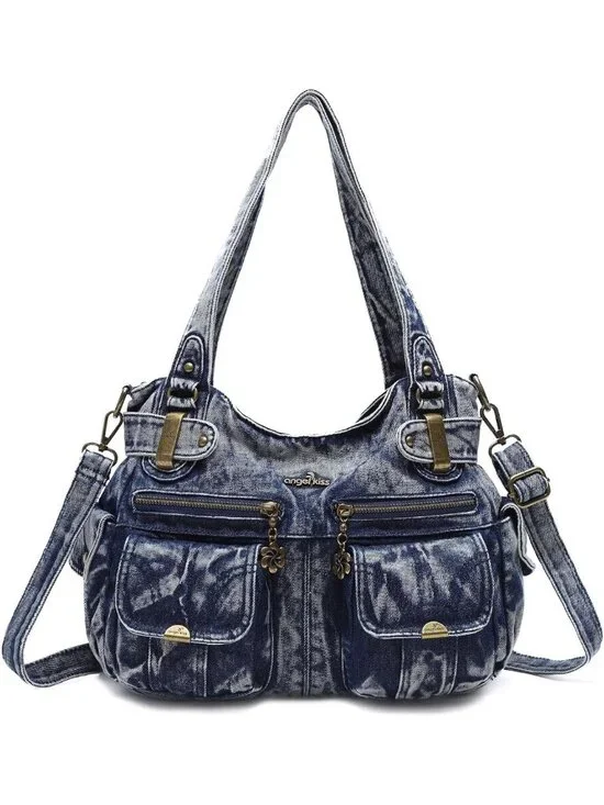 Stylish Women's Large Washed Leather Handbag with Double Zipper & Multi Pockets