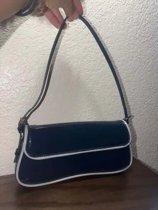 Zara Navy Blue Faux Patent Leather Flap Bag