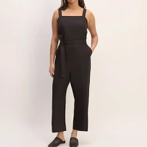 Everlane 100% European Flax Linen Black Side Button Jumpsuit Size 12 Wide Leg