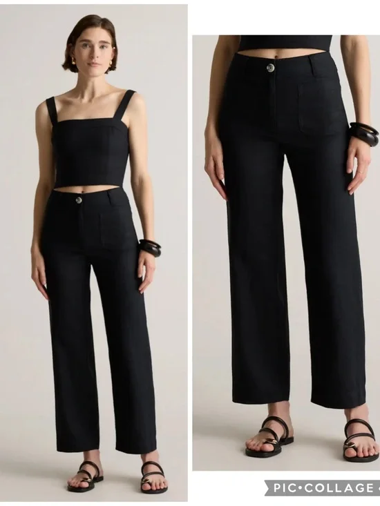 Quince 100% European Linen Patch Pocket Wide Leg Pants Black Size 10