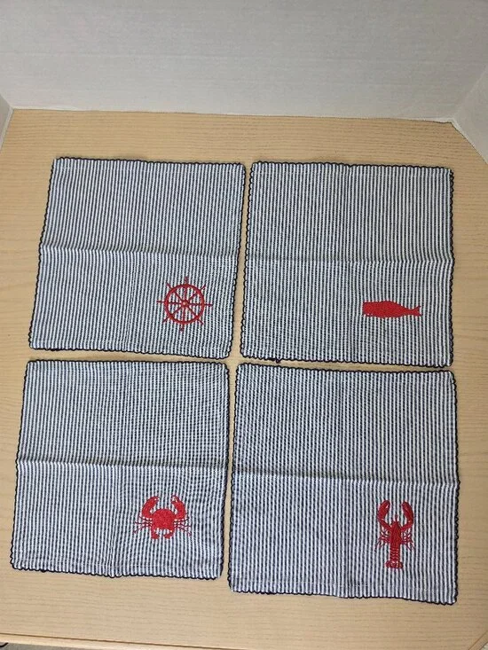 Sur La Table Blue Red Cotton Nautical Coastal Striped Napkins 10x10 Set of 4