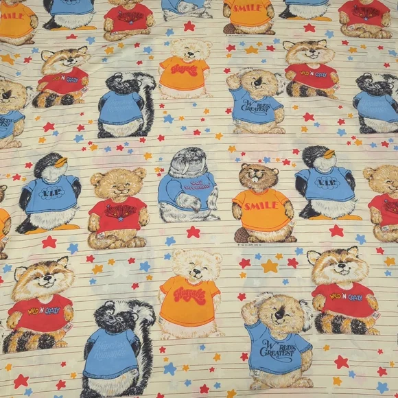 Dan River Shirt Tails 1980 Vtg Mulsin Cute Animal Flat Sheet Twin- Skunk, Walrus
