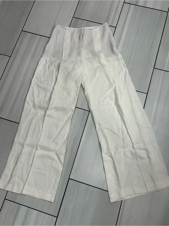 Zara White Linen Pants Resort High Waisted Luxury Wide Leg Boho Retail $109