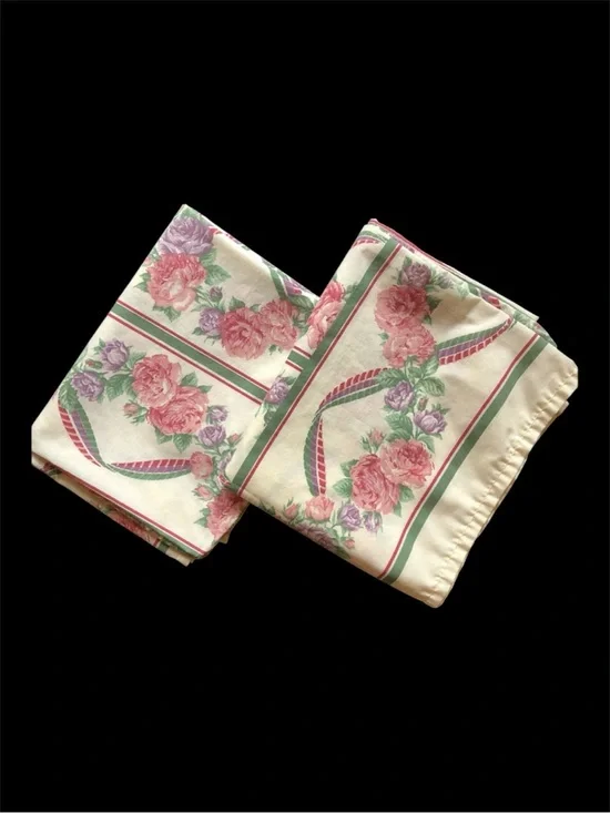 2 VTG Pillowcases - Beige w/ Pink & Purple Flowers / Stripes - Cannon