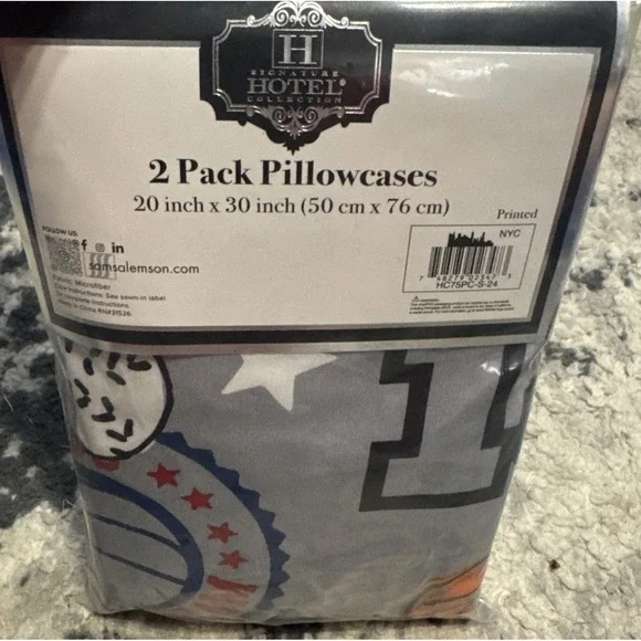 Signature Hotel Pair Standard Size Sports Theme Gray Pillowcases 20' by 30' New