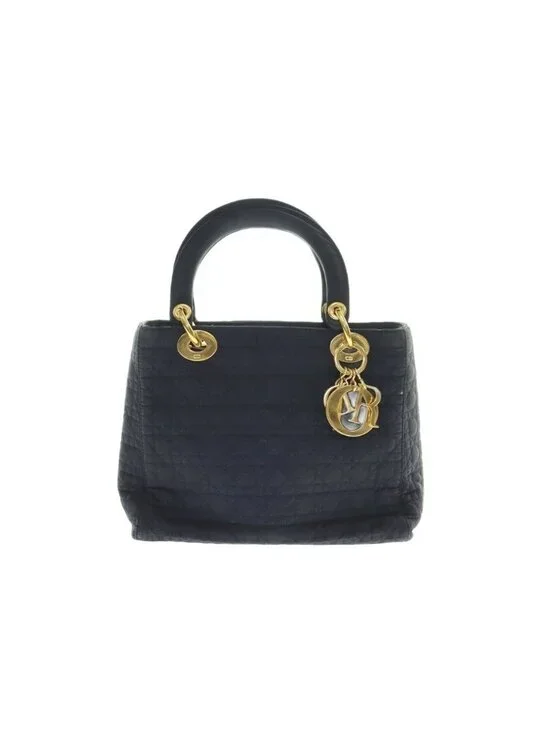 Dior Lady Cannage Hand Bag Quilted Metal Charm Black