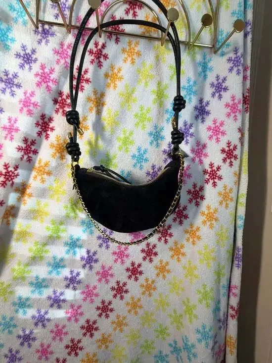 Black Faux Suede Crescent Moon Shoulder Bag with Chain and Knot Detail