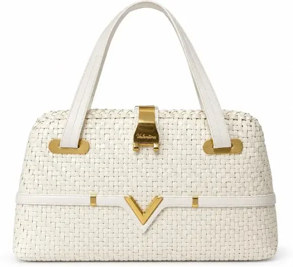 Vintage Mario Valentino White Woven Handbag Made in Italy Gold V Hardware