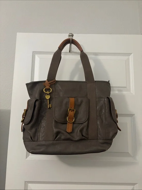 VTG Fossil Taupe Leather & Canvas Tote Shoulder Bag w/Tan Accents Pockets Galore