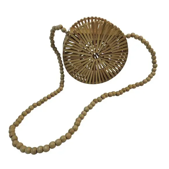 Round Bamboo Purse Bag with Long Beaded Strap Boho Beachy