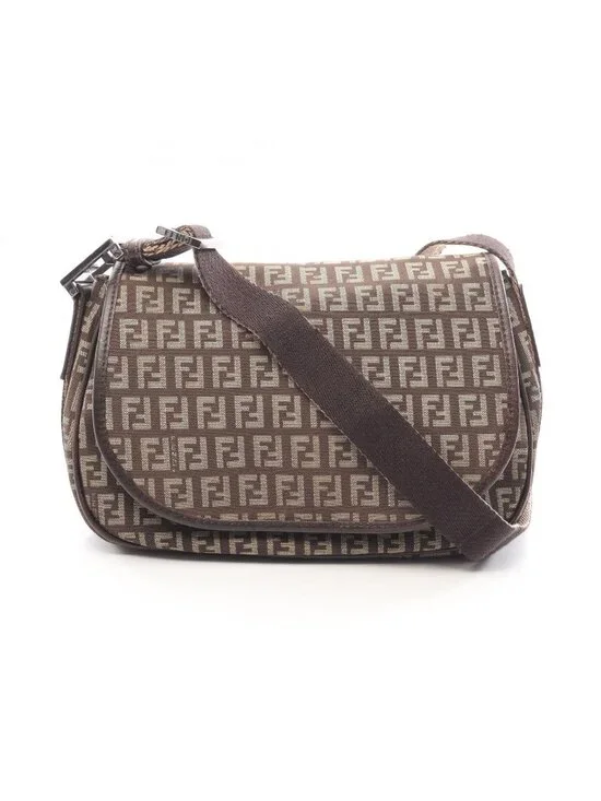 Fendi Shoulder Bag Zucchino Dark Brown Beige Canvas Leather