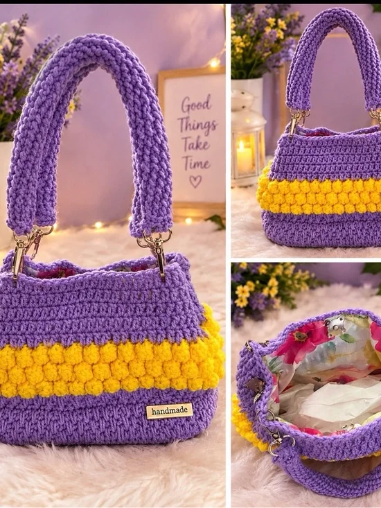 Handmade Purple & Yellow Crocheted Women’s Shoulder Bag