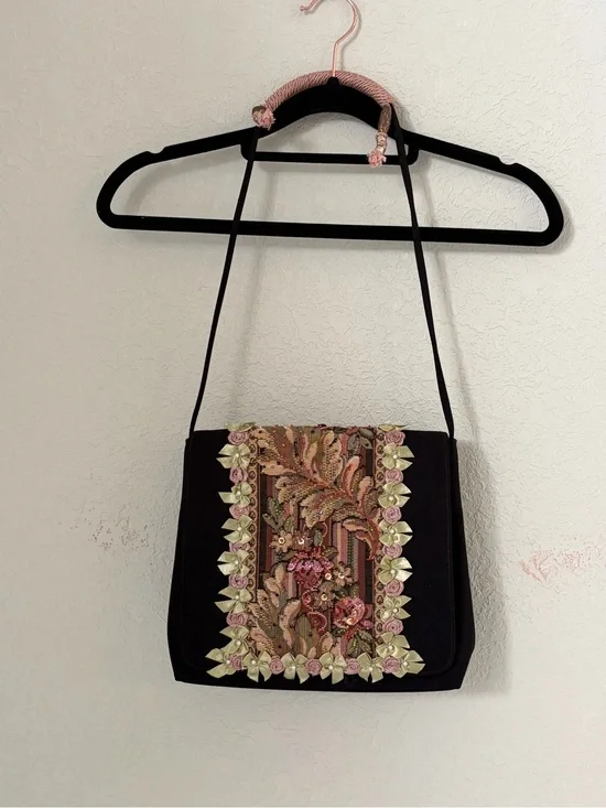 Embellished Black Crossbody Bag with Floral Beaded Panel