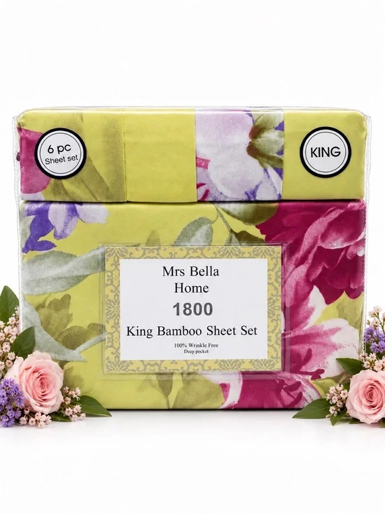 King Bamboo Sheet Set in Lime Green & Pink Floral