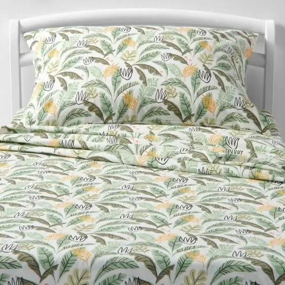 Pillowfort Green and Yellow Botanical Leaf Print Sheet Set