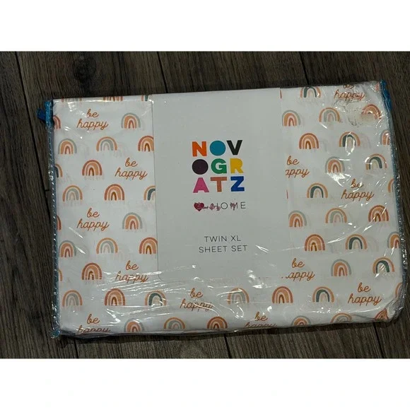 Novogratz Home Twin XL Sheet Set Be Happy Rainbow Microfiber White 3 Piece