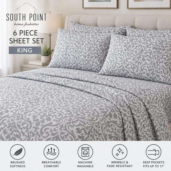 South Point Home Fashions King 3pc Damask Gray White Sheet Set, 1 Sham