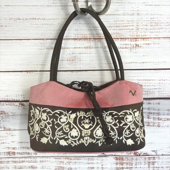 Vintage Shoulder Bag Claire V. Small Pink Brown 100% Silk Embroidered Beaded