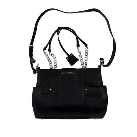 Dana Buchman Handbag Women Medium Black Pebbled Crossbody Tote Silver Chain
