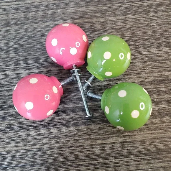 Polka Dot Ceramic Ball (4) Drawer Pulls Round Handles - 2‎ Lime Green, 2 Pink