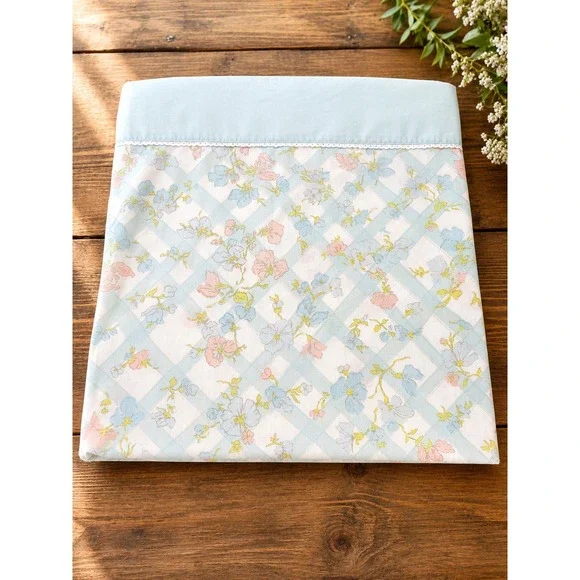 Sears Flat Sheet Full‎ Size Blue Pink Floral Lattice Vintage Lace Trim Good