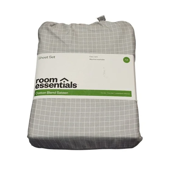 Room Essentials Full Sheet Set Gray‎ White Windowpane Grid Cotton Blend Sateen