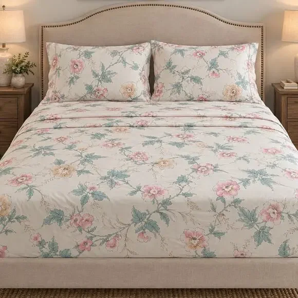 Vintage JP Stevens Queen Size Sheet Set Floral Cottage Core Flat Fitted No Iron