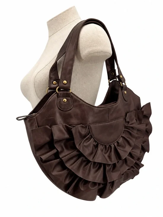 Naturalizer Brown Ruffle Shoulder Bag Large Pleated Y2K Boho Purse Metallic