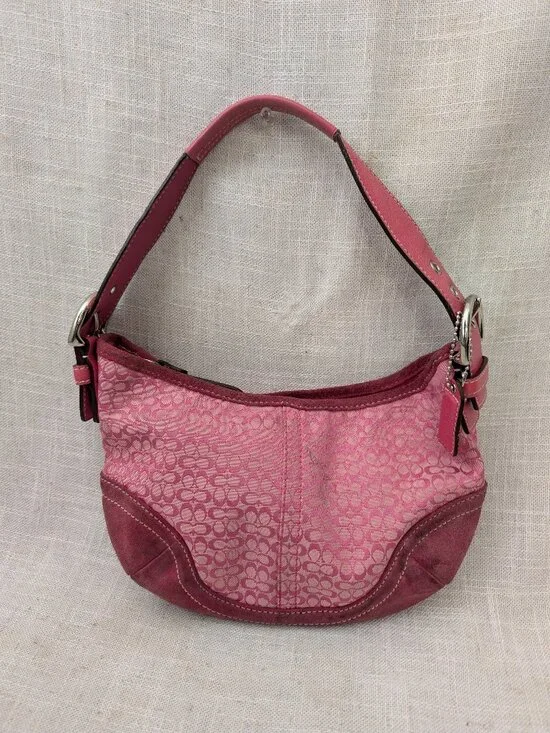 Vintage Coach 6351 Pink Hobo Signature Suede Shoulder Bag