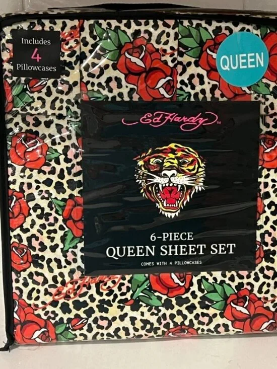 ED HARDY Queen Sheet Set 6pc New Flowers Roses Leopard Cheetah Tattoo Grunge Y2K
