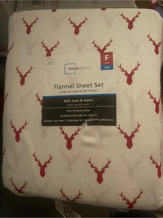 Mainstays White Flannel Sheet Set with Red Deer Silhouette Print