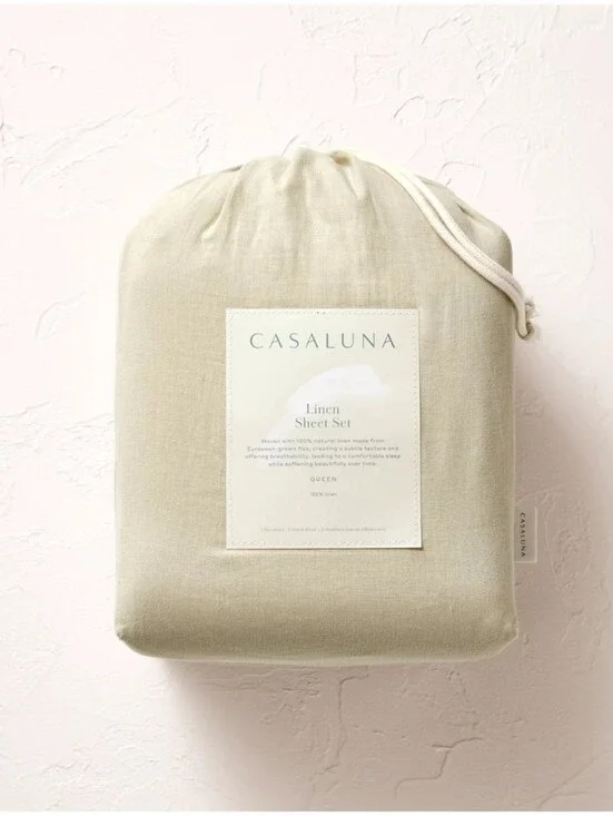 Casaluna- Full 100% Linen Sheet Set Light Olive Green - New