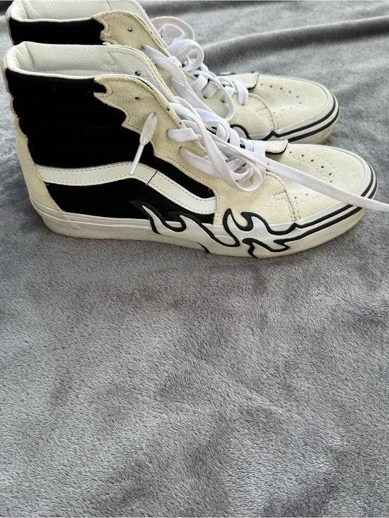 Vans Unisex Black and White High-Top Sneakers with Flame Accent