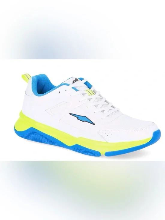 Men's White Athletic Sneakers with Blue & Neon Yellow Accents