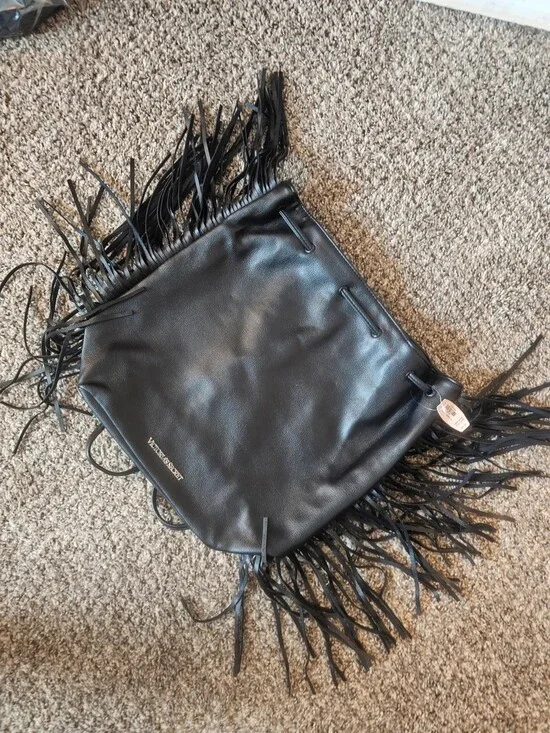 Victoria’s Secret Black Faux Leather Fringe Drawstring Backpack Purse Boho