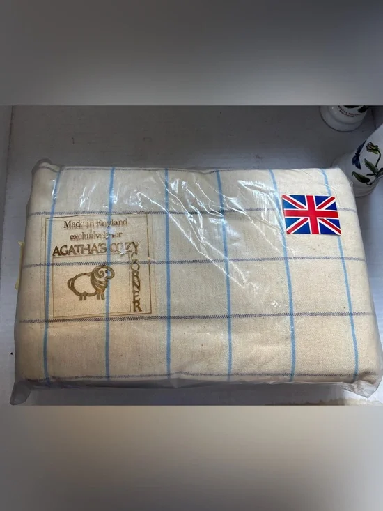 VTG Agathas Cozy Corner England Ivory Plaid Flat Sheet Set Flannel Cotton NWT