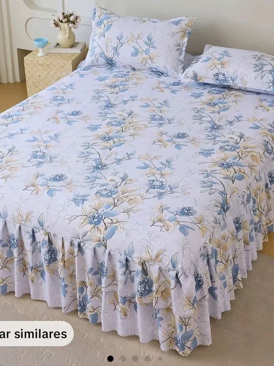 Blue & Cream Floral Ruffled Bedspread Set by