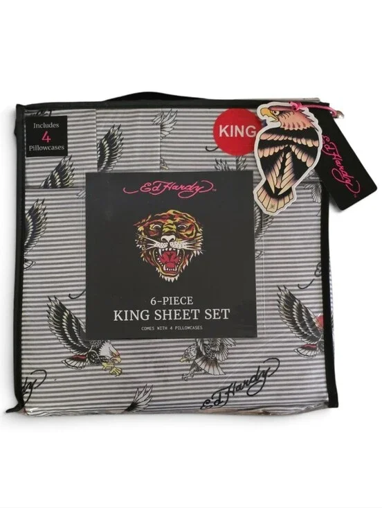 🦅 Ed Hardy 6 Piece King Size Sheet Set NWT