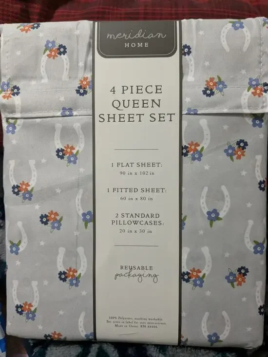 Queen Sheet Set Equestrian Horseshoe Flowers NIP
