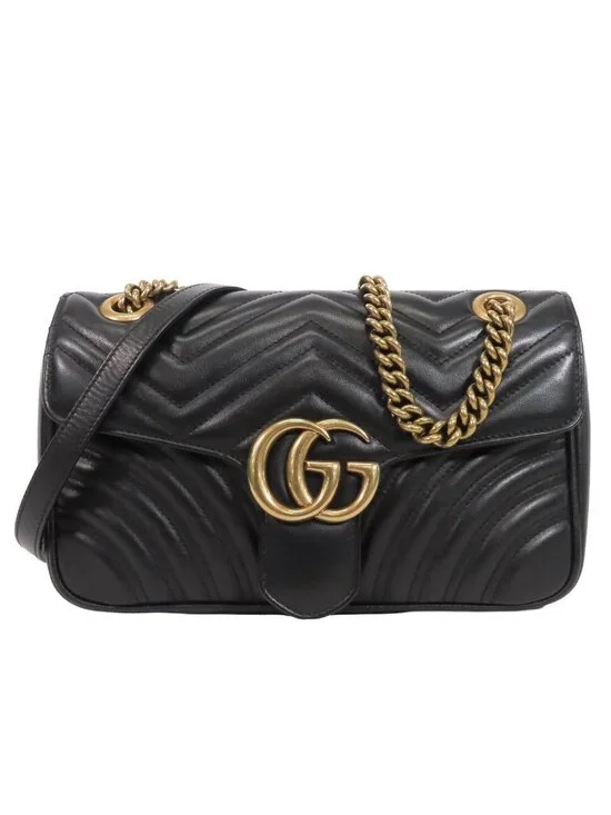 Gucci GG Marmont Black Leather Medium Heart Chain Shoulder Bag