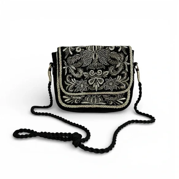 Vintage Chico’s Black Metallic Embroidered Long Strap Shoulder Bag