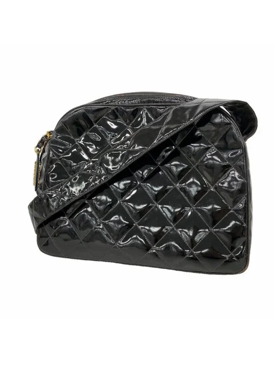 Chanel Shoulder Bag Quilted Patent Leather Black Gold