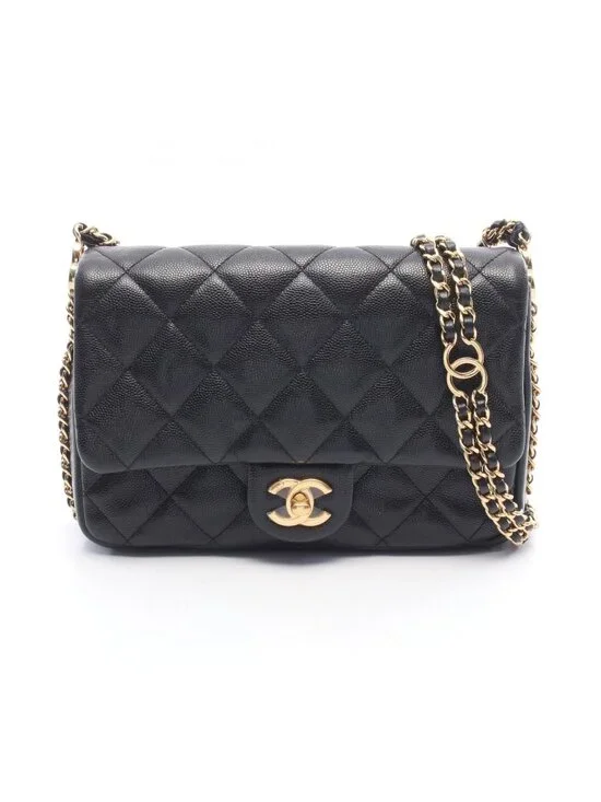 Chanel Shoulder Bag Quilted Black Caviar Leather Mini Chain