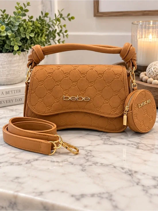 Bebe Monogram Embossed Faux Leather Shoulder Bag Crossbody Purse With Coin Pouch