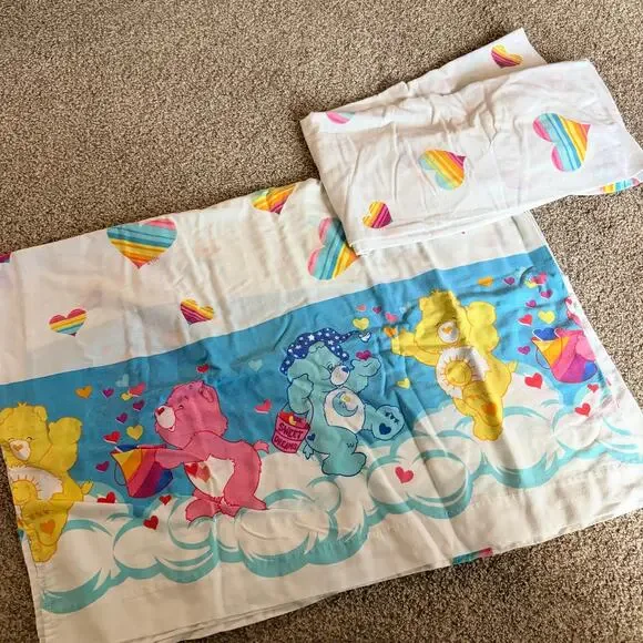 Vintage Care Bears Twin Sheet Set Fitted Flat 80s Cloud Cartoon Hearts