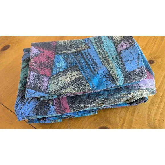 Vintage‎ 90s Abstract Geometric Queen Sheet Set Blue Purple Retro Memphis Design
